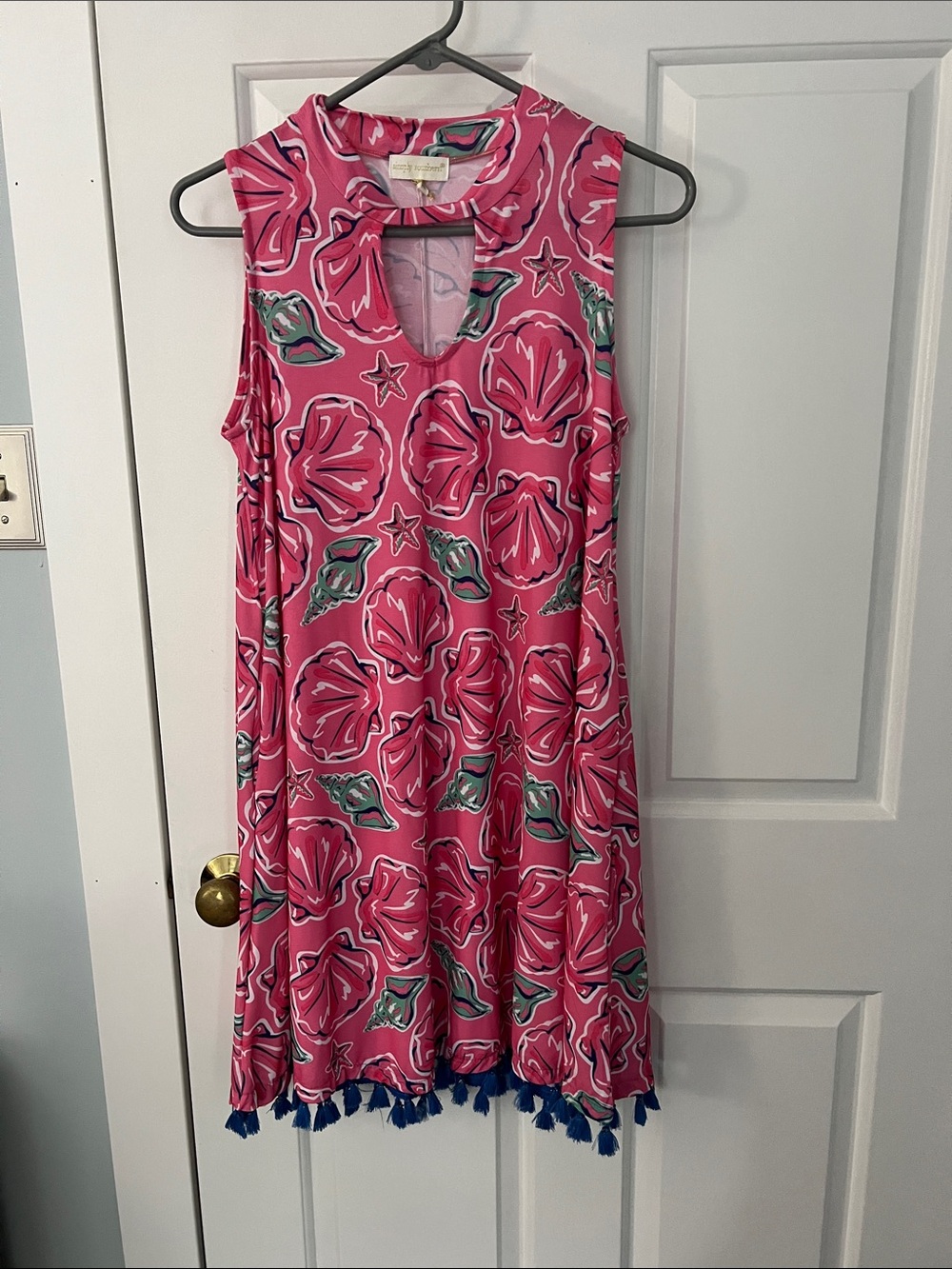 Simply Southern Pink Shell-Print Keyhole Dress with Tassel Detail